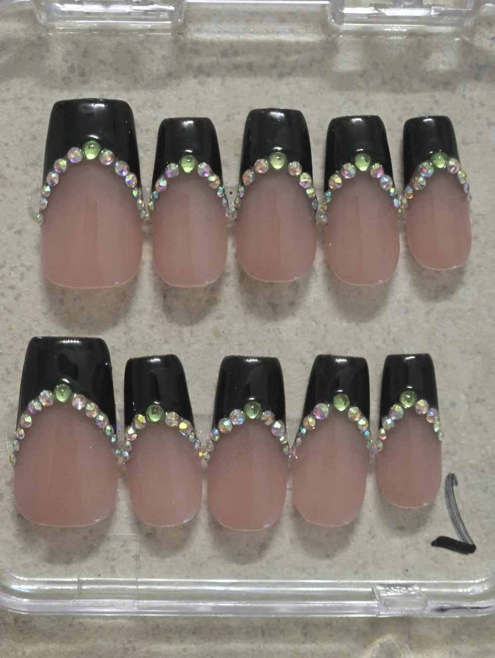 Black French Tip Press-On Nails w/ Rhinestone Accent Medium Length Square Shape - Picture 1 of 3